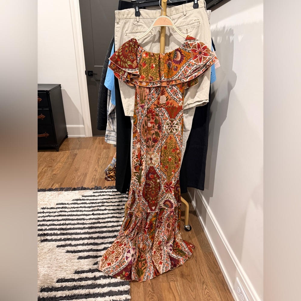 Farm Rio: Boho Off-Shoulder Maxi Dress in Rust Floral